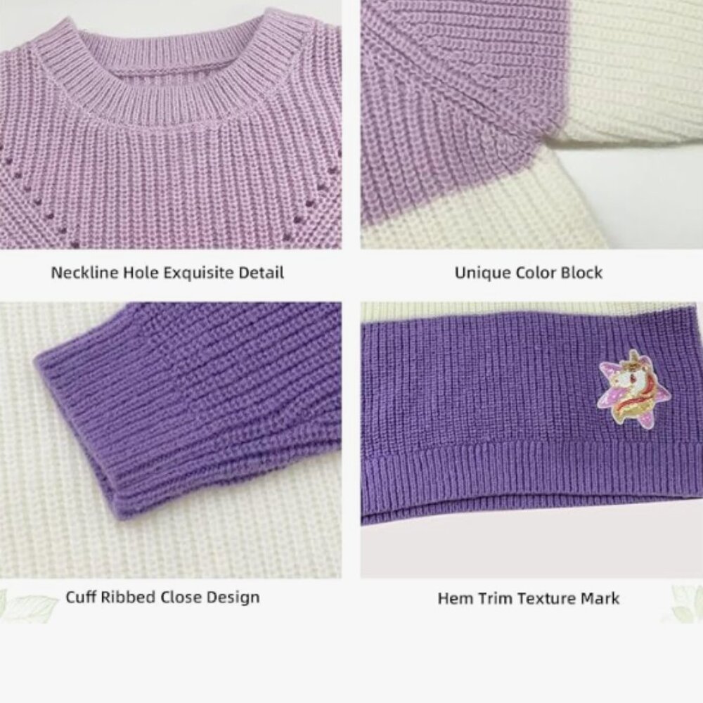 Girls' Color Block Sweaters Knit Long Sleeve Pullover Kids Crewneck Fall Winter - Picture 9 of 11